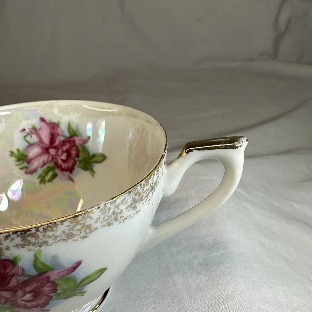 Iridescent Pink Orchid Tea Cup Reticulated Saucer‎ Lusterware Grandmillennial